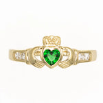 Ladies Gold Claddagh Ring With Created Emerald