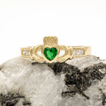 Ladies Gold Claddagh Ring With Created Emerald