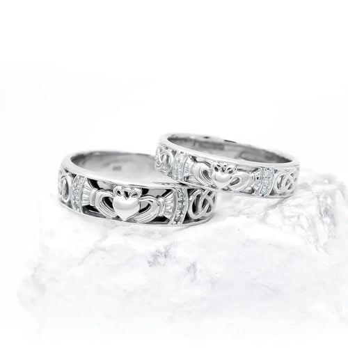 Ladies And Gents Diamond Claddagh Celtic Knot Wedding Ring Set