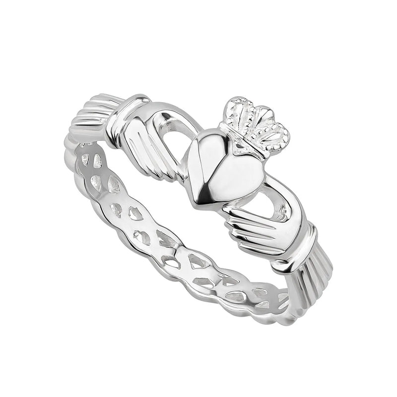 Sterling Silver Claddagh Ring With Celtic Weave Band
