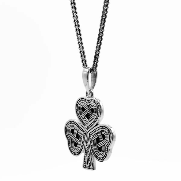 Mens Oxidized Sterling Silver Shamrock Pendant