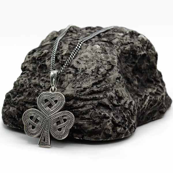 Mens Oxidized Sterling Silver Shamrock Pendant
