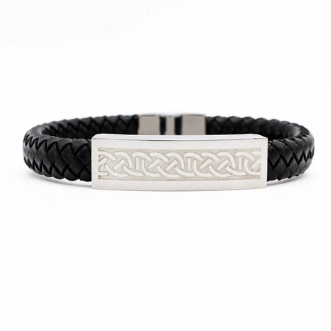 Mens Steel Celtic Black Leather Bracelet