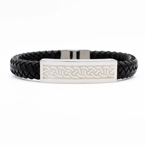 Mens Steel Celtic Black Leather Bracelet