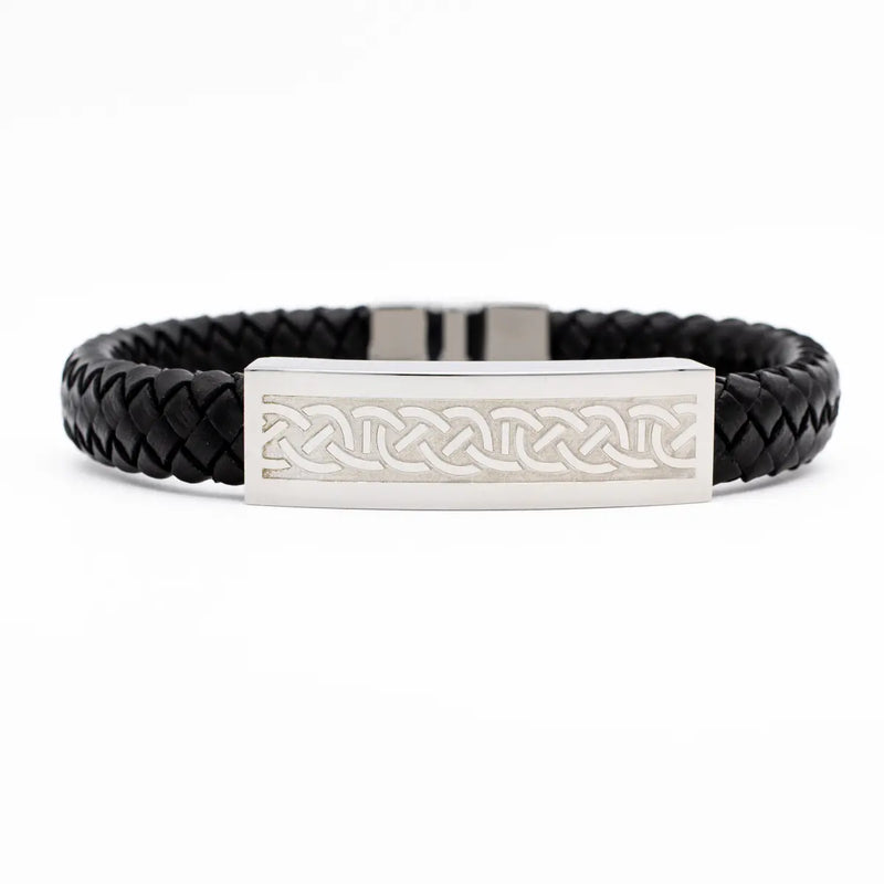 Mens Steel Celtic Black Leather Bracelet
