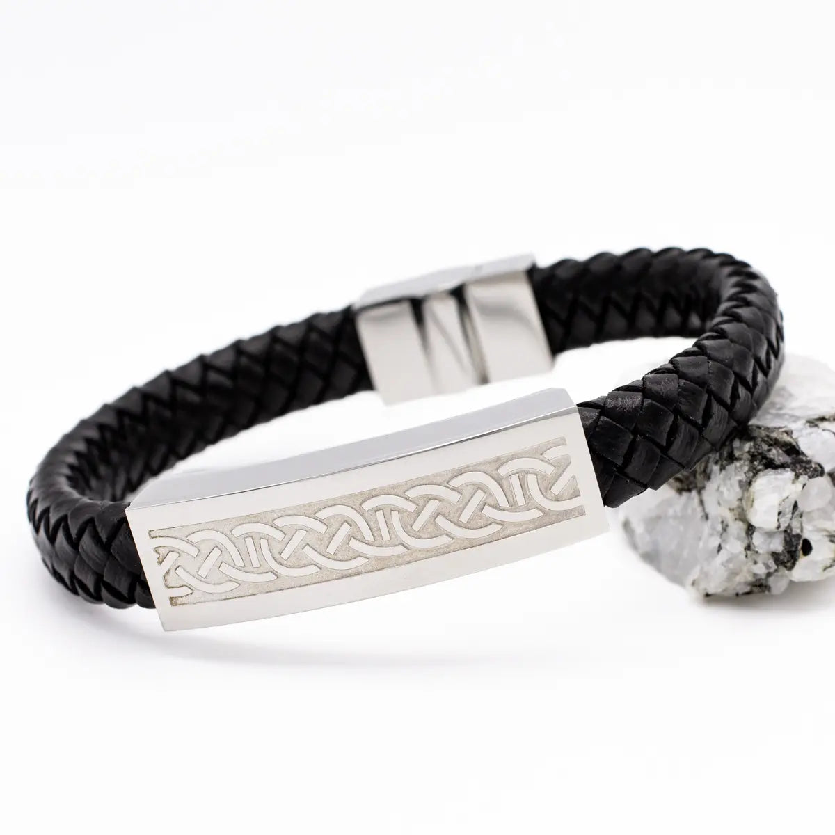 Mens Steel Celtic Black Leather Bracelet – view 4