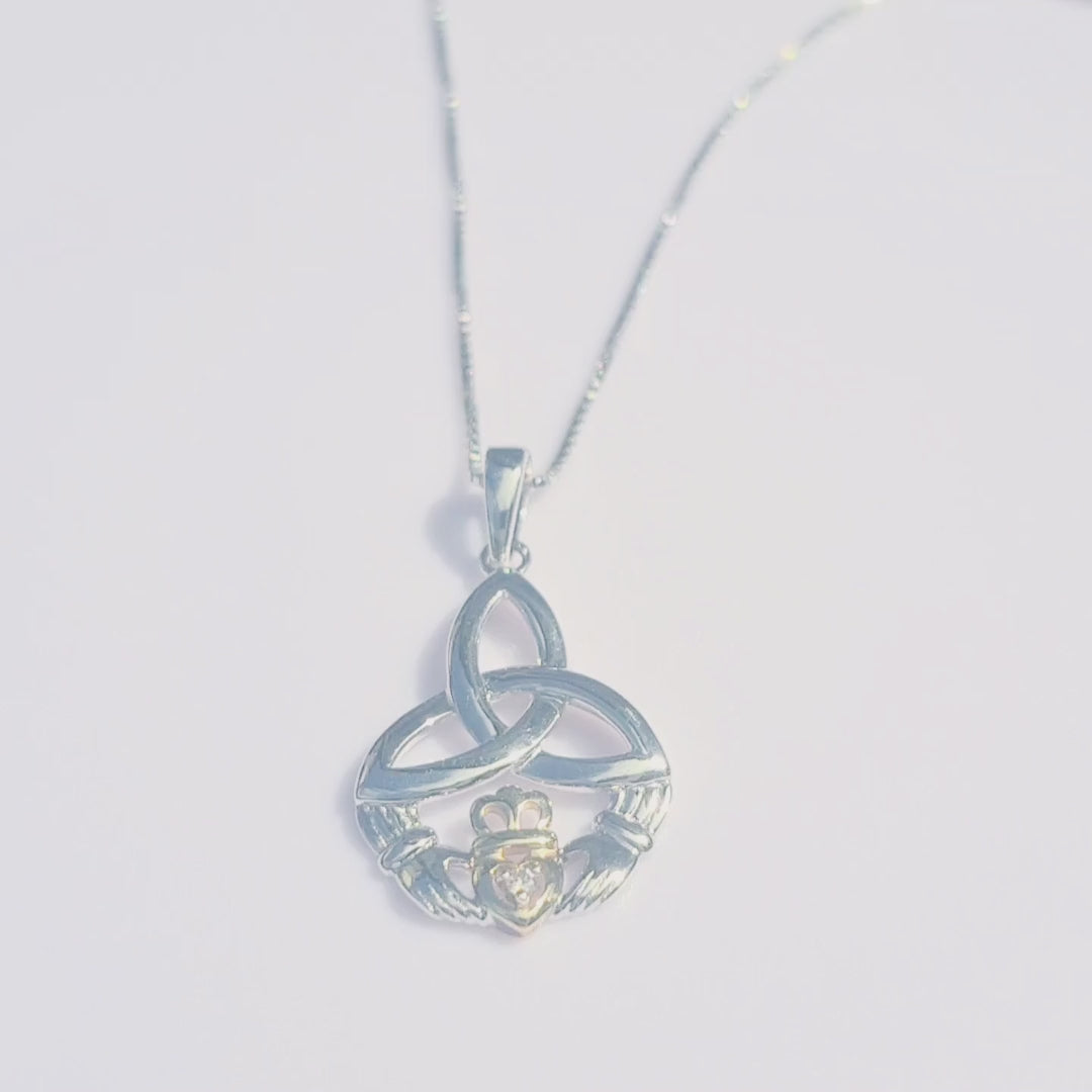 Gold & Silver Claddagh Trinity Knot Pendant Adorned With Diamond