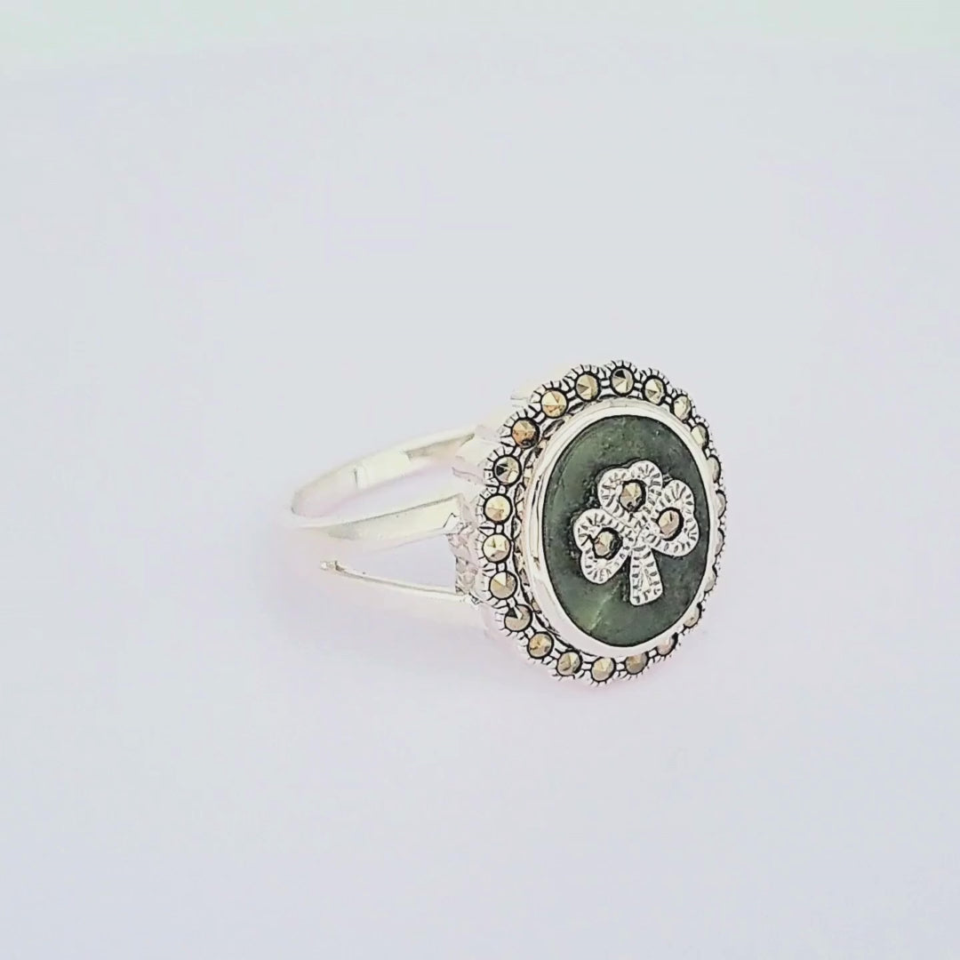 Connemara Marble & Marcasite Shamrock Ring in Sterling Silver
