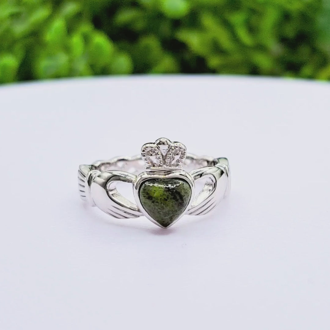 Connemara Marble Claddagh Ring With Celtic Weave Band
