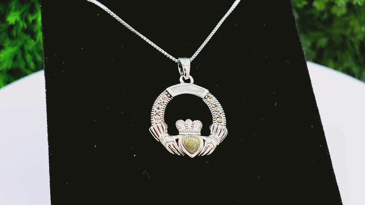 Connemara Marble & Marcasite Claddagh Pendant in Sterling Silver