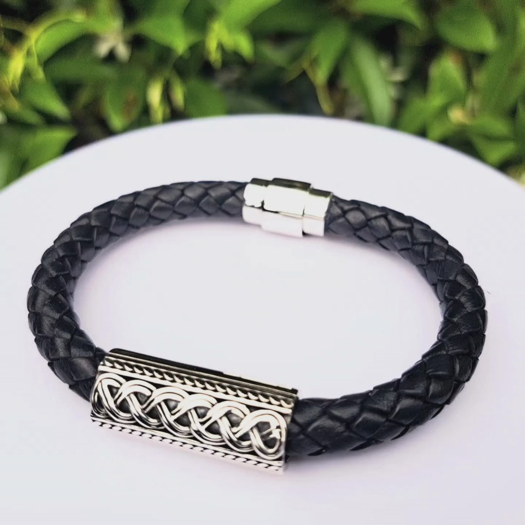 Mens Sterling Silver Celtic Leather Bracelet