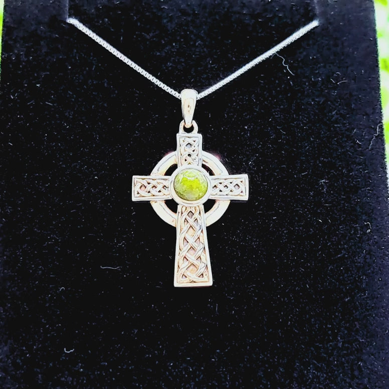Sterling Silver Celtic Cross Pendant Featuring Connemara Marble