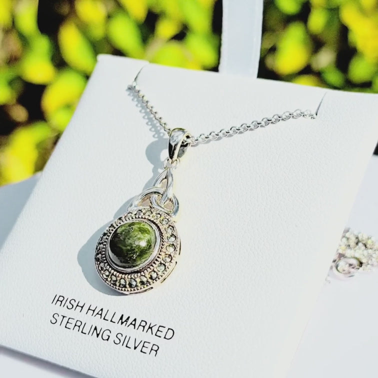 Silver Connemara Marble & Marcasite Trinity Knot Necklace