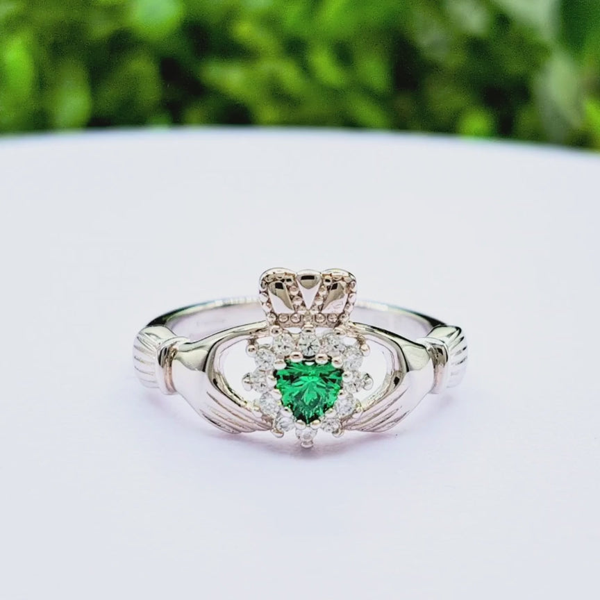 Silver Claddagh Ring With Green Crystal Heart