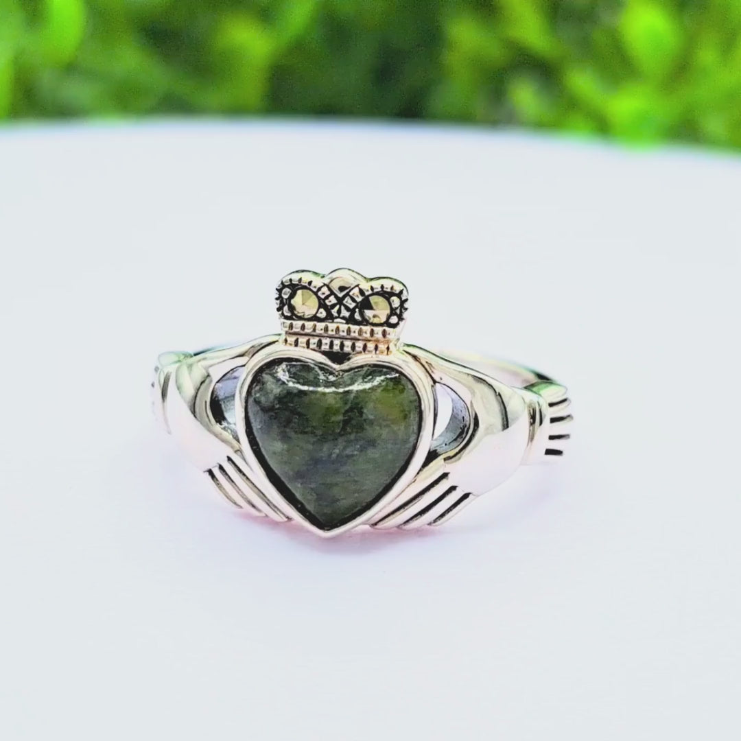 Silver Connemara Marble & Marcasite Claddagh Ring