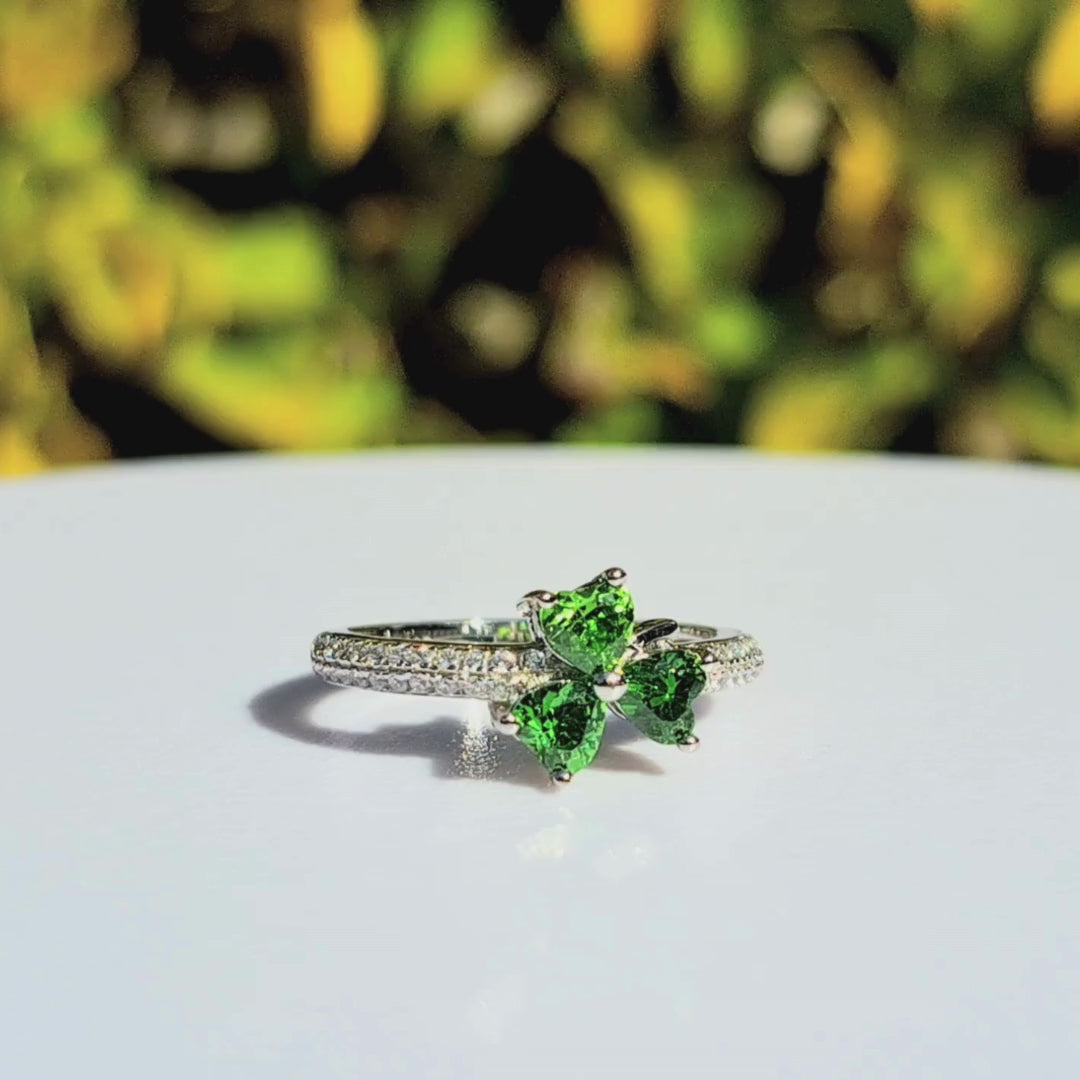 Silver Shamrock Ring With Green Cubic Zirconia