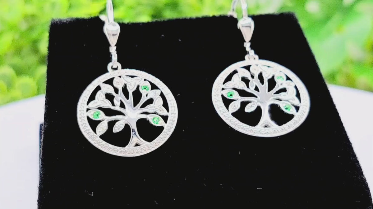 Sterling Silver Celtic Tree Of Life Drop Earrings With Crystals