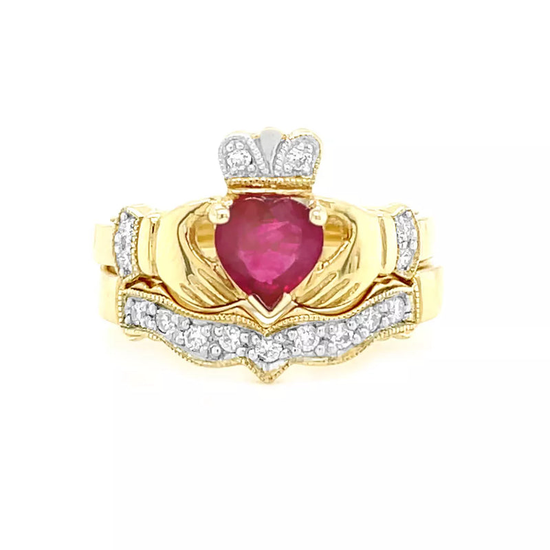 Claddagh Wedding Ring Set Adorned With Heartshaped Gemstone And Diamonds