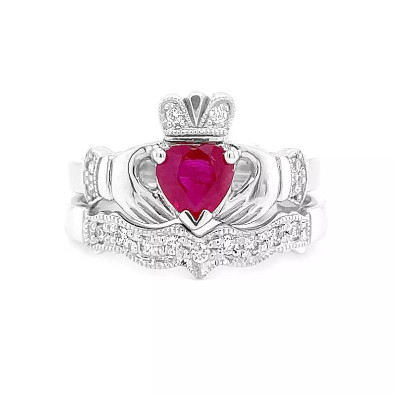 Claddagh Wedding Ring Set Adorned With Heartshaped Gemstone And Diamonds