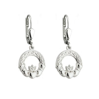 Silver Claddagh Drop Earrings With Celtic Knotwork