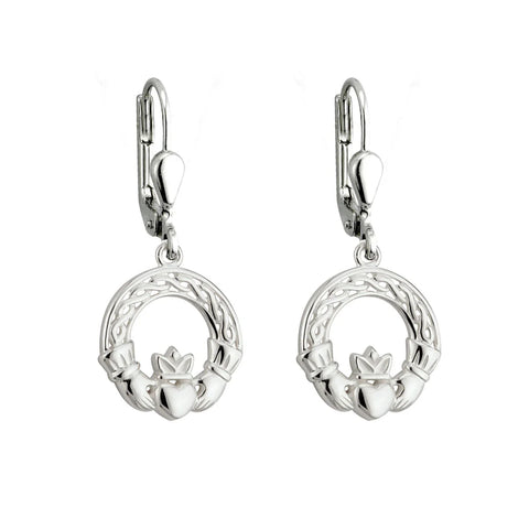 Silver Claddagh Drop Earrings With Celtic Knotwork