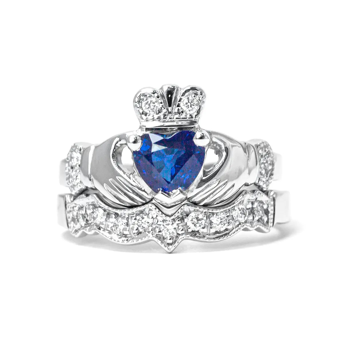 Claddagh Wedding Ring Set Adorned With Heartshaped Gemstone And Diamonds