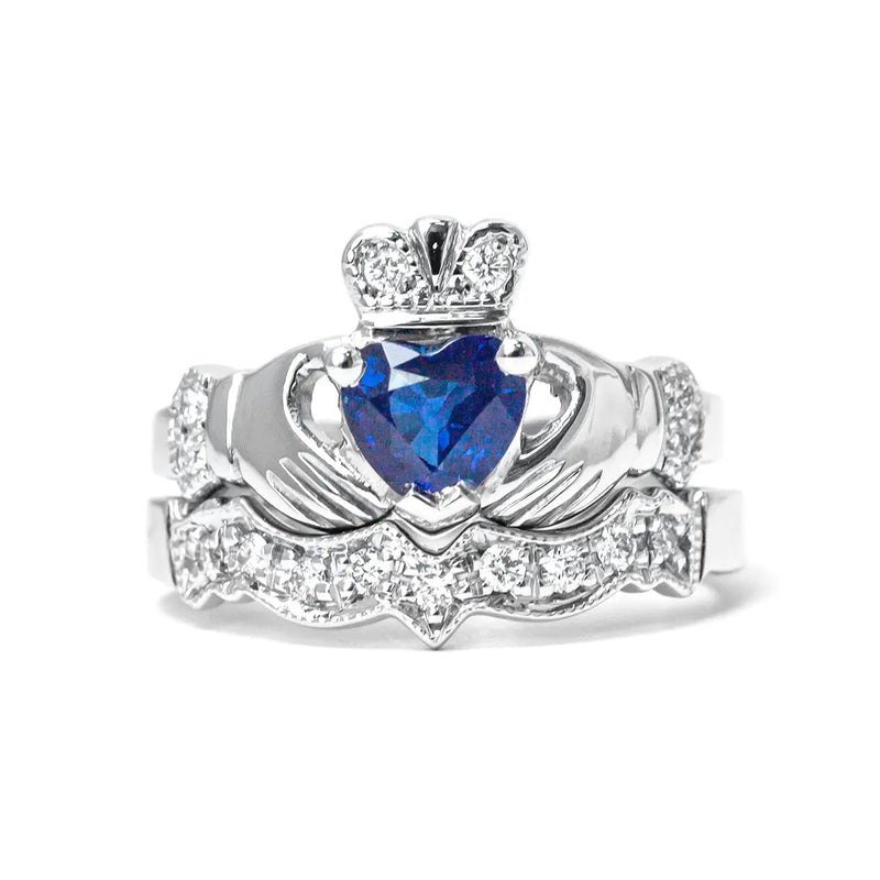 Claddagh Wedding Ring Set Adorned With Heartshaped Gemstone And Diamonds