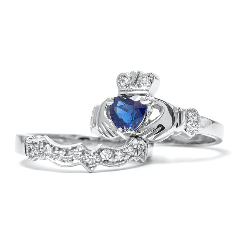 Claddagh Wedding Ring Set Adorned With Heartshaped Gemstone And Diamonds
