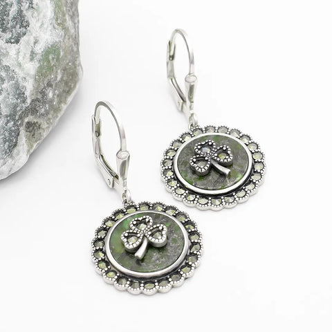 Connemara Marble Sterling Silver Marcasite-studded Shamrock Earrings