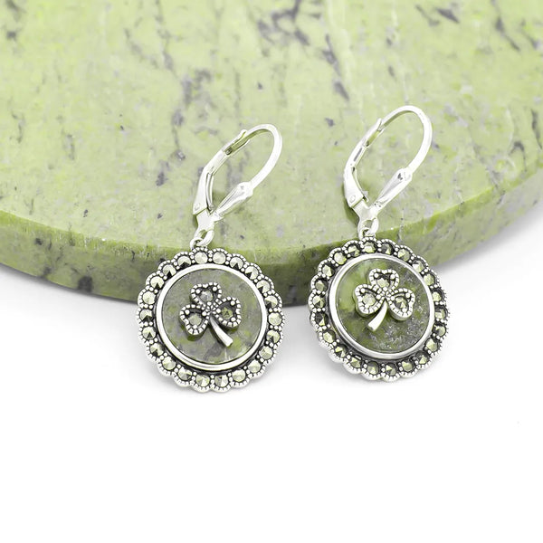 Connemara Marble Sterling Silver Marcasite-studded Shamrock Earrings