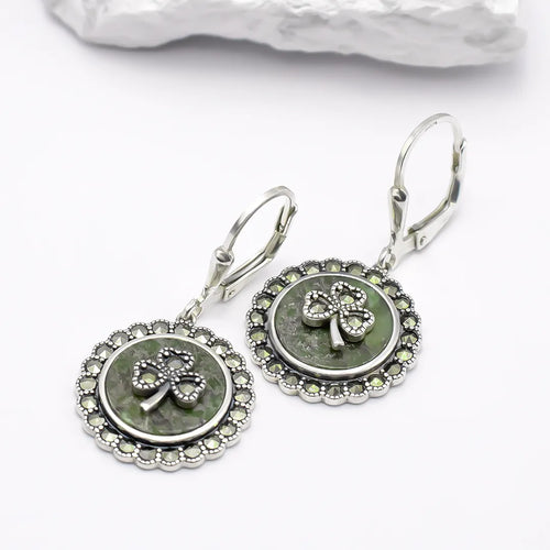 Connemara Marble Sterling Silver Marcasite-studded Shamrock Earrings