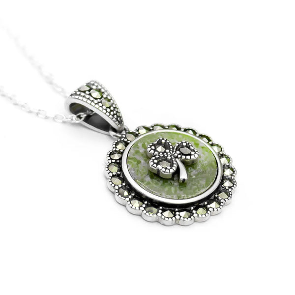 Silver Connemara Marble Marcasite-studded Shamrock Pendant