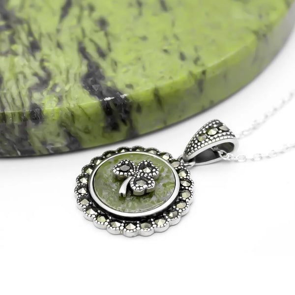 Silver Connemara Marble Marcasite-studded Shamrock Pendant