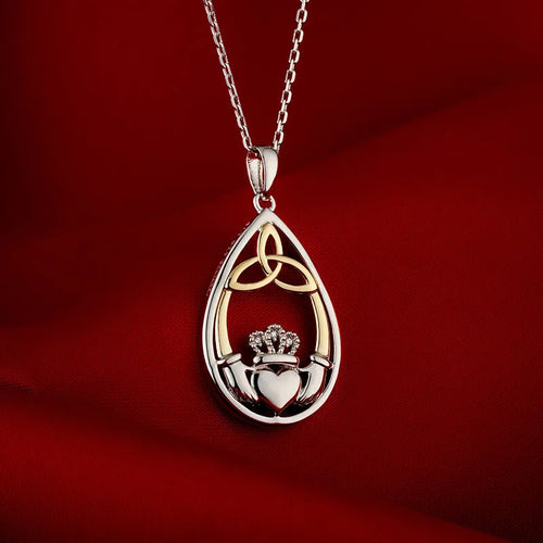 Gold & Silver Diamond Claddagh Trinity Knot Necklace