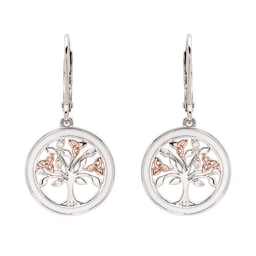 Silver & Rose Gold Tree of Life Earrings with Cubic Zirconia & White Enamel