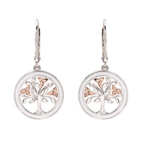 Silver & Rose Gold Tree of Life Earrings with Cubic Zirconia & White Enamel