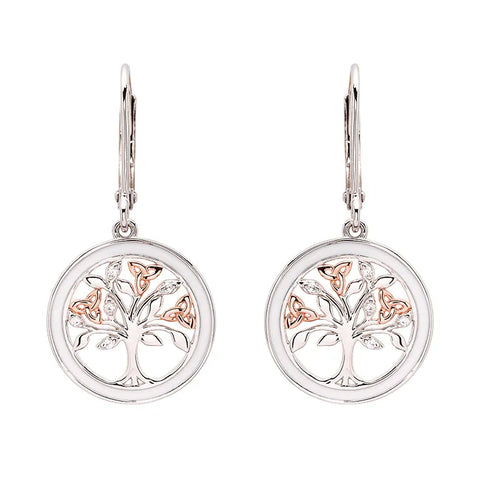 Silver & Rose Gold Tree of Life Earrings with Cubic Zirconia & White Enamel