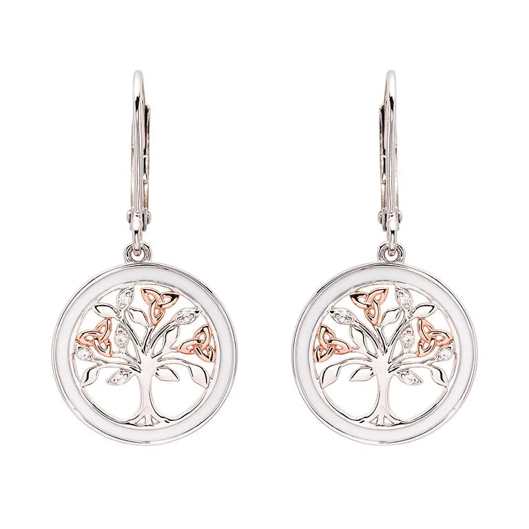 Silver & Rose Gold Tree of Life Earrings with Cubic Zirconia & White Enamel