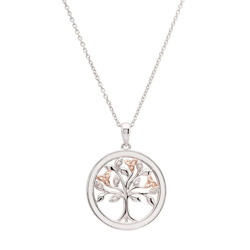 Silver & Rose Gold Tree of Life Necklace with Cubic Zirconia & White Enamel