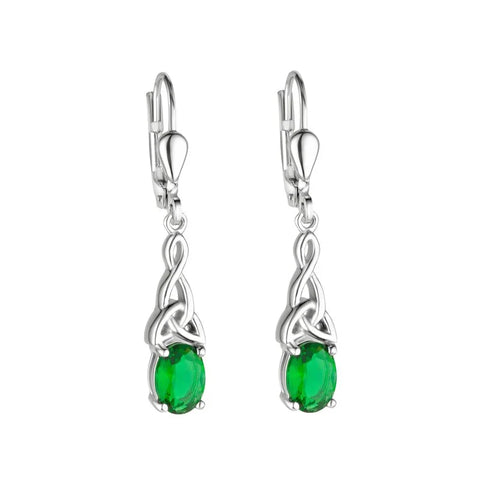 Silver Celtic Trinity Knot Drop Earrings With Green Crystal