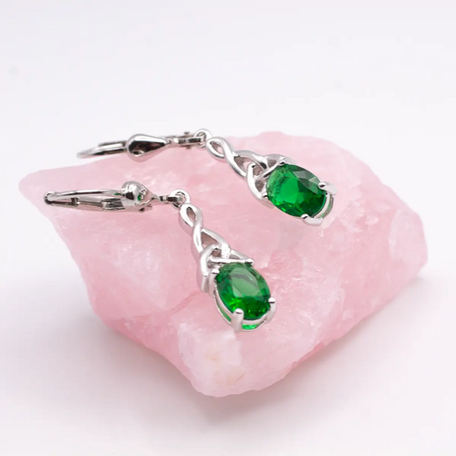 Silver Celtic Trinity Knot Drop Earrings With Green Crystal