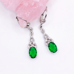 Silver Celtic Trinity Knot Drop Earrings With Green Crystal