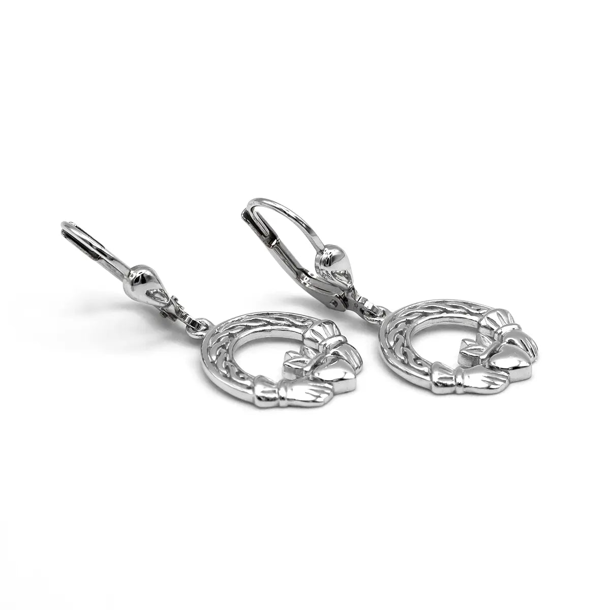 Silver Claddagh Drop Earrings With Celtic Knotwork – view 2