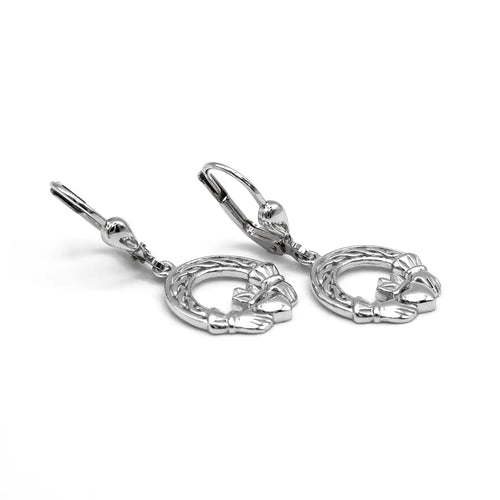 Silver Claddagh Drop Earrings With Celtic Knotwork