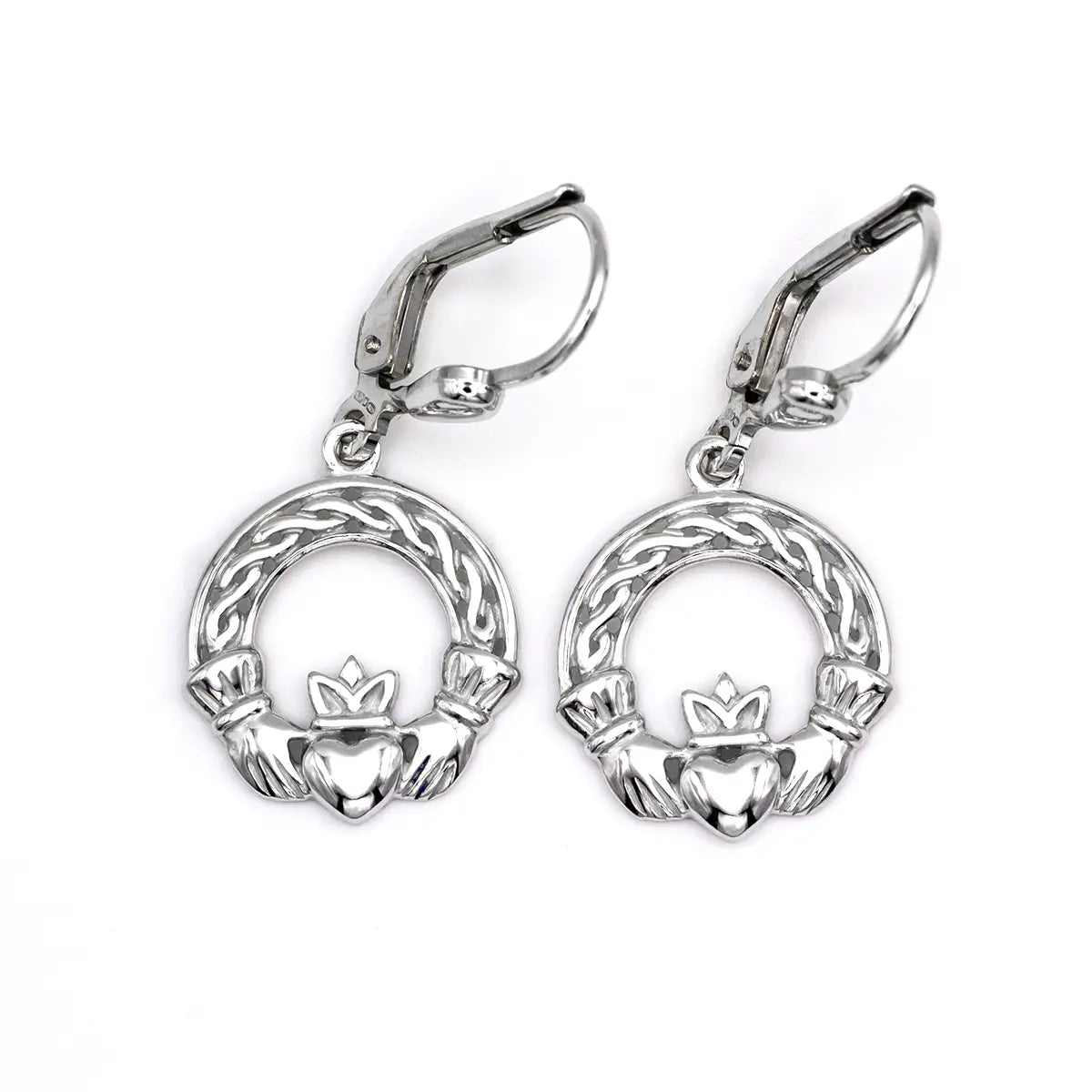 Silver Claddagh Drop Earrings With Celtic Knotwork – view 4