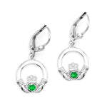 Silver Claddagh Drop Earrings With Green Crystal Centerpiece