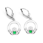 Silver Claddagh Drop Earrings With Green Crystal Centerpiece