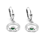 Silver Claddagh Drop Earrings With Green Crystal Centerpiece