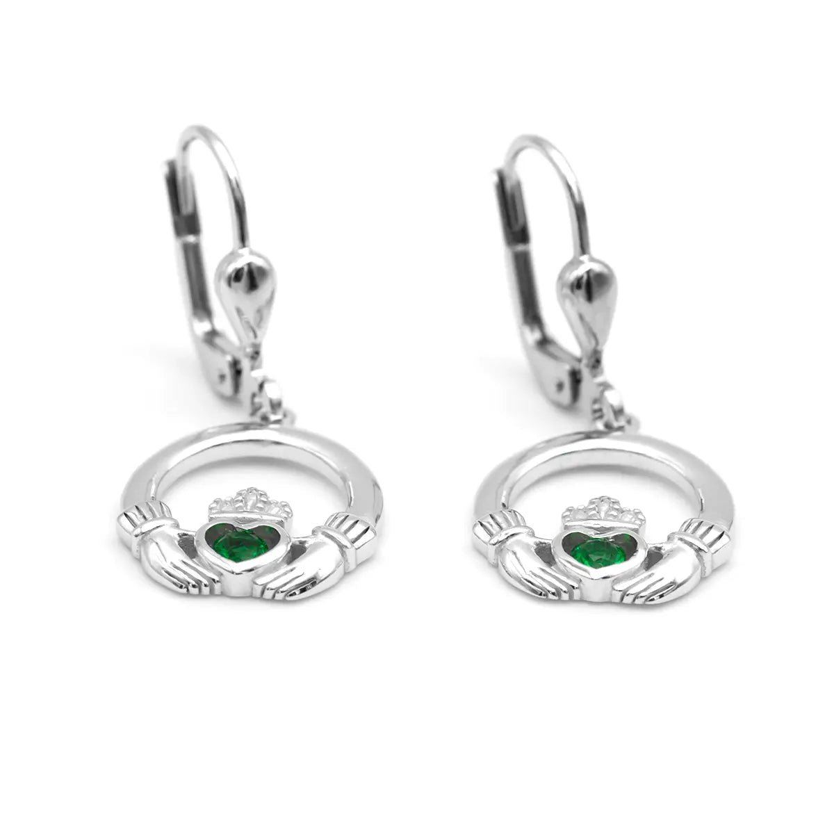 Silver Claddagh Drop Earrings With Green Crystal Centerpiece – view 4