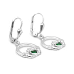 Silver Claddagh Drop Earrings With Green Crystal Centerpiece